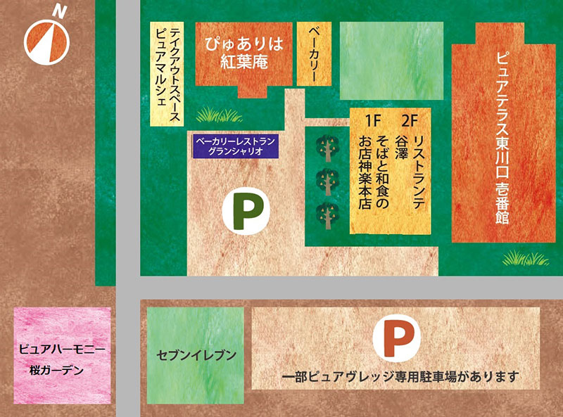 地図イラスト。中央に大きな駐車場（P）があり、その周囲に店舗が配置されている。北側には『ぴゅありは紅葉庵』『ベーカリー』『テイクアウトスペース ピュアマルシェ』『ベーカリーレストラン グランシャリオ』が並び、東側には『ピュアテラス東川口壱番館』がある。南側道路を挟んで『セブンイレブン』ともう一つの駐車場（P）があり、一部はピュアヴレッジ専用駐車場と記載。店舗や施設名が色分けされて表示されている。北は左上に方位マークで示されている。